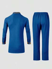 2pcs/Set Men's White Dashiki Double Breasted Long Blazer With Trousers, Golden Embroidery, Long Sleeve, Stand Collar, Elastic Waist Pants, African Clothing, Men's Casual Shirt And Pants Set, New Style For All Seasons, Suitable For Parties, Galas, Weddings, Cultural Events, Traditional Ceremonies