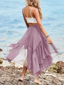 Womens Summer Boho Maxi Skirt Casual Asymmetric High-Low Hem Flowy Bohemia Long Skirt - Màu tím - Xem 4