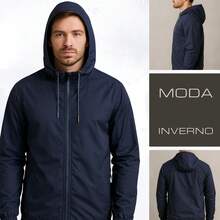 Men's Lightweight Plain Water-Repellent Windbreaker Jacket With Hood - Azul oscuro+liso+G - Ver 4