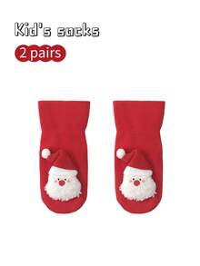 2 Pairs Kids Christmas Socks, Cartoon Anti-Slip Indoor Socks, Warm Toddler Socks, New Year Red Socks