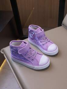 儿童闪光中帮时尚帆布鞋，平底，透气，防滑，女童运动鞋，亮色儿童运动鞋，适合返校 - 紫色 - 查看 4
