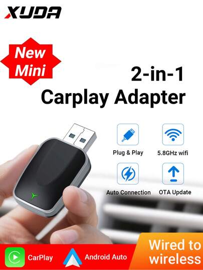  XUDA New Mini Car Wireless CarPlay Adapter, Wired To Wireless CarPlay/Android Auto 2in1 For With 99% Of Original Cars 2.4~5.0 GHz WiFi5 Stylish And Portable High-Speed Connection, Smart Car Technology, Exclusive For Mobile Phone Users