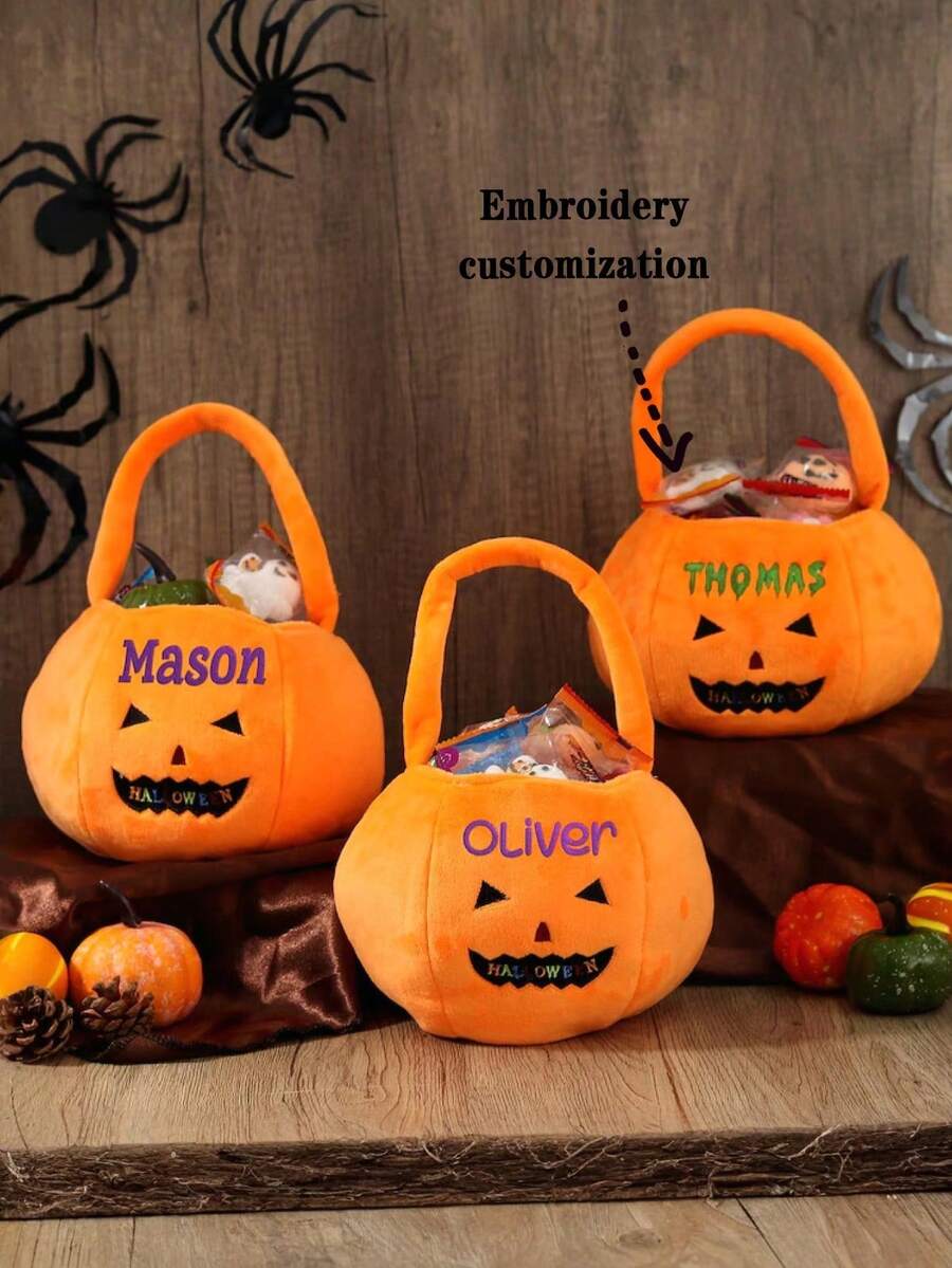 Personalized Halloween Gift Basket - Customized Pumpkin Bucket, Embroidered Name, Halloween Trick Or Treat Bag, Halloween Gift, Gift For Him, Halloween Party Decoration, Glow In The Dark, Reusable
