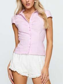 Women Y2k Button Down Shirt Top Tie Back Blouse Cap Sleeve Lapel Ruched Front Slim Fit T Shirts Crop Tops Summer Casual Going Out Tops Vintage Aesthetic Clothes Retro Blouse Streetwear - Hồng - Xem 4