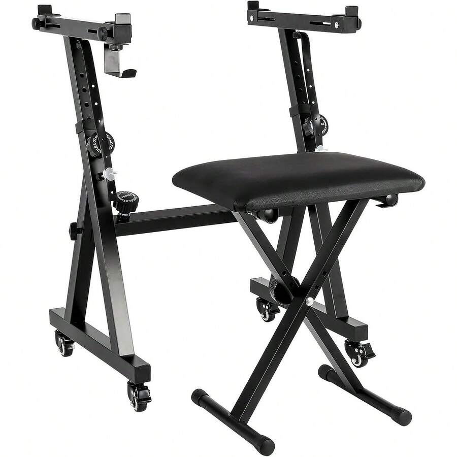 GCCSJ Piano Keyboard Stand And Bench Set,Adjustable Keyboard Stand,Portable Piano Stand,Piano Keyboard Stand & Bench Set - Adjustable 54-88 Key Electric Piano Stand With Wheels & Headphone Holder | Portable Keyboard Stand For Home, Studio & Stage Performances | Sturdy X-Frame Design With Quick-Release Lock - 黑色 - 查看 1