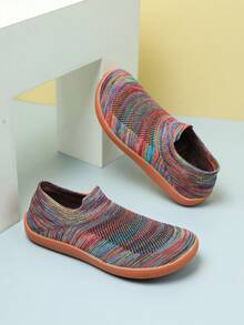 女士极简主义赤脚运动鞋 - 宽版彩色透气针织面料一脚蹬圆头休闲鞋，减震橡胶鞋底，适合所有季节的舒适休闲鞋，时尚一脚蹬设计，灵活穿着
