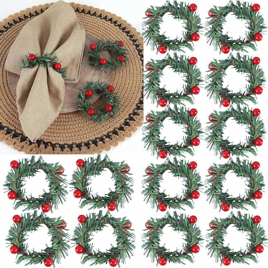 6/12 Pcs Christmas Napkin Rings Holly Berry Napkin Buckle Needles Wreath Pines Red Berries Candle Ring Wreath Holder For Xmas Birthday Wedding Thanksgiving Party Banquet Table Decorations