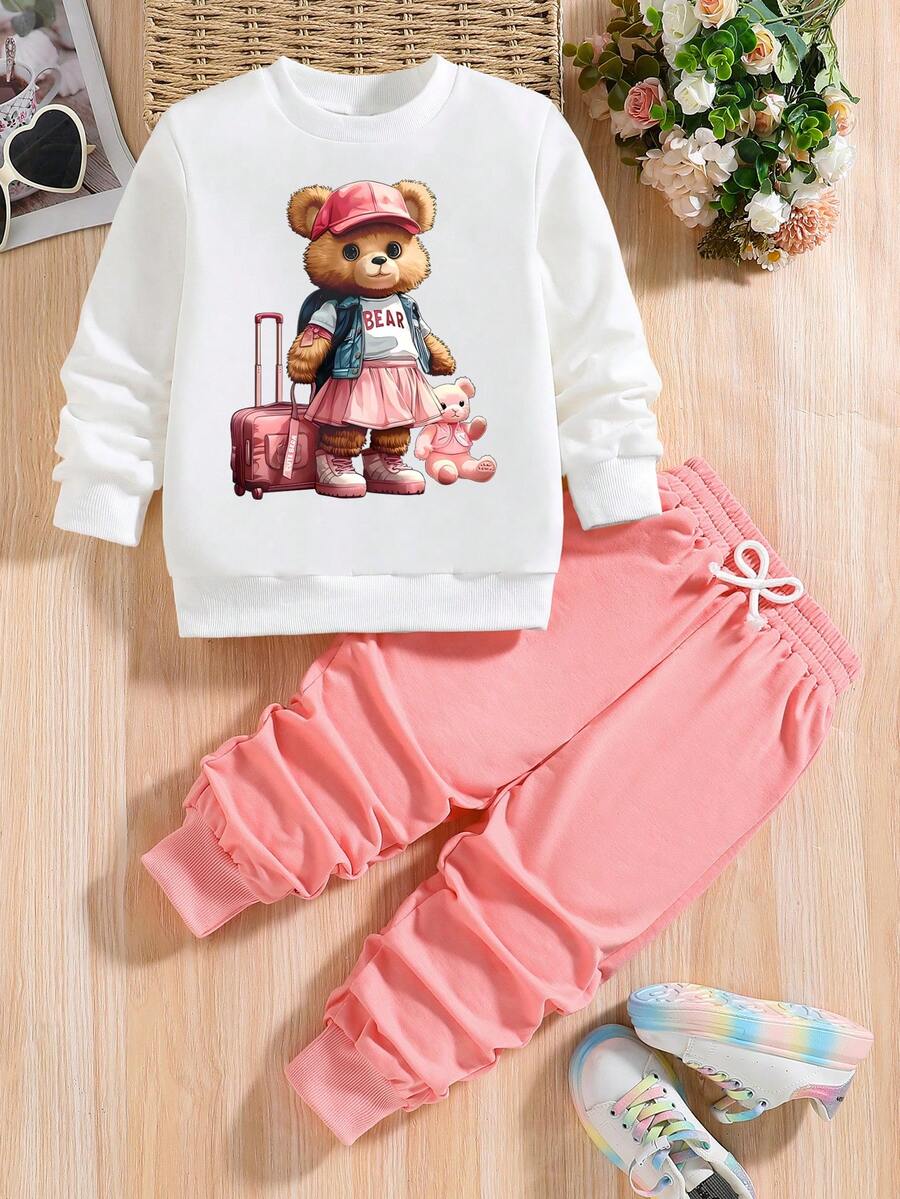 Toddler Cartoon Print Crew Neck Sweatshirt And Sweatpants Set - 粉色 - 查看 1