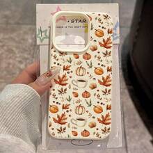 1pc TPU Material Warm Autumn Pumpkin, Maple Leaf, Coffee Cup Pattern Phone Case Compatible With IPhone/Compatible With Redmi Waterproof Shockproof Anti-Fall Scratch Resistant - White - View 1