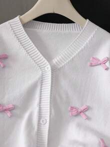 Girls' Cute Solid Color 3D Bow Short Knitted Cardigan, Suitable For Casual Daily Wear, Spring & Autumn - White - View 4
