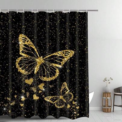 Gold Butterfly Shower Curtain, Flying Butterfly Black Shower Curtains For Bathroom, Shower Curtain Cloth Fabric, Golden Girl Women Shower Premium Polyester Fabric, Machine Washable, Includes 12 Plastic Hooks For Easy Installation, Home Decor Bathroom Decor