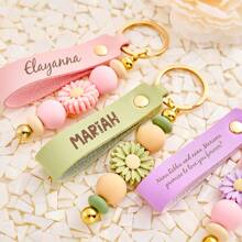 Personalized Keychain, Daisy Beaded Keychain, Faux Leather Keychain, Flower Girl Gift, Teacher Gift, Birthday Gift, Beaded Keychain, Personalized Keychain, Faux Leather Keychain, Personalized Gift, Mother's Day Gift, Teacher Gift, Birthday Gift, Laser Engraved Gift, Girl Gift, Friendship Gift, Engraved Keychain, Beaded Keychain, Daisy Keychain, Flower Girl Gift, Fashion Accessory, Autumn, Boyfriend, Girlfriend, Family, Friend - Multicolor - View 6