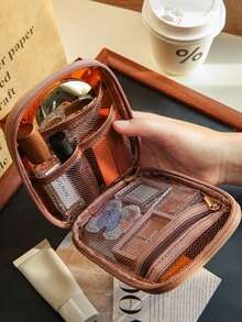 1pc Women Large Capacity Transparent Mesh Makeup Bag, Waterproof Travel Toiletry Organizer Pouch, Portable Compact Cosmetic Bag For Skincare, Lightweight And Convenient For Trips And Touch-Ups