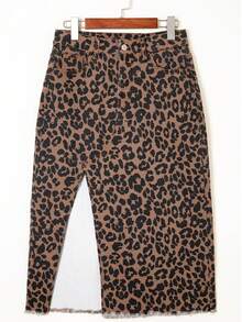 Leopard Print Frayed Side Slit Denim Midi Skirt - 棕色 - 查看 2
