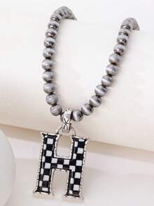 1pc Western Country Style Vintage Textured CCB Multicolor Leopard Print Black & White Plaid 26 Letter Minimalist Pendant Necklace, Sweater Chain