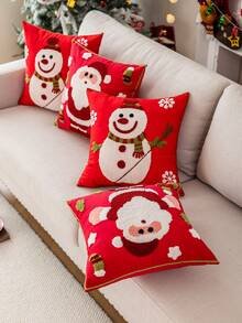 1pc Red Base Fabric Delicate Snowman & Santa Claus Embroidered Cushion Cover, Christmas Decor, Fits Multiple Room Styles, 45cm*45cm, Pillow Insert Not Included Home Decor Christmas Decorations Room Decor Christmas Decorations Home