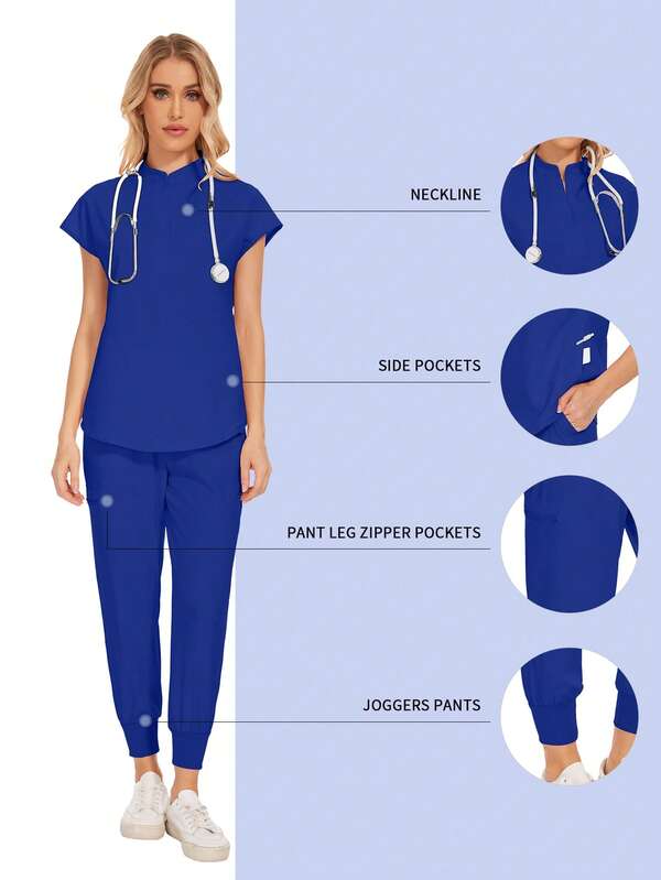 Conjunto de uniformes médicos de moda al por mayor, conjunto de bata quirúrgica de unicolor con bolsillo y cuello en V, pantalones jogger para mujeres