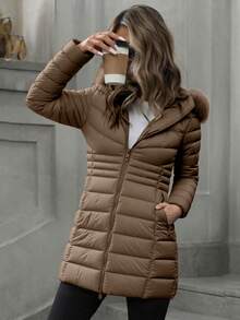 Giolshon Women's Casual Hooded Jacket With Pockets, Lightweight Down Jacket, Suitable For Daily Wear - Brown - View 5