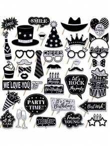 36 PCS Birthday Photo Booth Props Party Supplies Holiday Picture Decorations Photo Booth Props For Birthday Party Favors Pose Sign Kit Fun For Party (Silver And Black /Gold And Black) - Multicolor - View 10