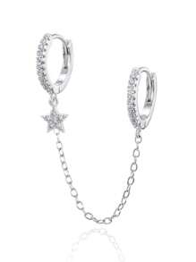 1 pieza Pendiente con cadena de oreja única para mujer | Pendientes de aro con doble perforación y cadena | Pendientes de mujer con circonita cúbica