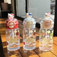 Sanrio 1pc Sanrio Kitty 500MLwater Bottle Double Drinking Plastic Cup With Straw, Portable And Easy To Use For Female Students, Small And Cute Water Cup