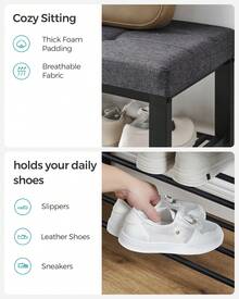 SONGMICS Shoe Bench, Storage Bench, Entryway Bench With Cushion, Shoe Shelf With Seat, Storage Organizer With Foam Padded Seat Linen Metal Frame For Living Room, Space-Saving, Modern Style, For Living Room, Bedroom, Hallway - 深灰色和墨黑色 - 查看 5