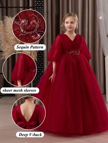 Tween Girl Burgundy Lace Embroidered Bow Mesh Elegant Party Princess Dress, Suitable For Girls' Birthday Party, Banquet, Formal Occasion, Prom, Wedding, Flower Girl