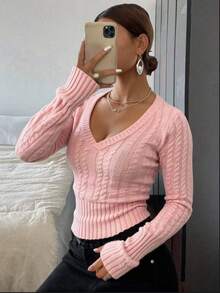 Fashionable & Elegant Women's V-Neck Long Sleeve Fitted Sweater With Cable Pattern
