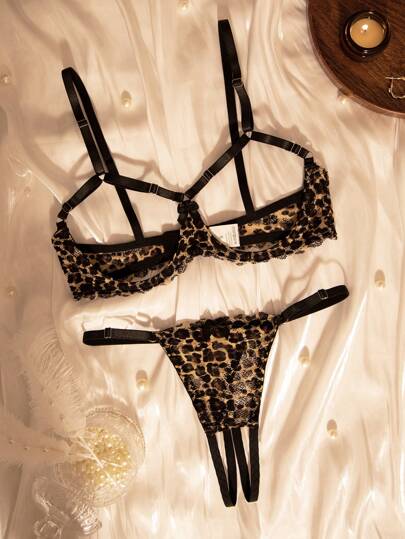 Leopard Print Kanten Patchwork Mesh Crotchless Panties Women Verleidelijke Lingerie Set view 3