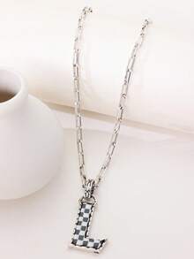 1pc Western Country Style Vintage Textured CCB Multicolor Leopard Print Black & White Plaid 26 Letter Minimalist Pendant Necklace, Sweater Chain