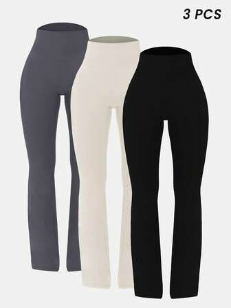 Sodalemon Women Training Fitness 3Pcs Yoga Gym Pants Set Solid Color Bust Lifting Running Casual Sport Flare Pants Tights