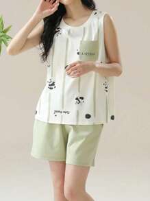 AICJ 2pcs/Set Women Casual Cute Panda & Letter Print Short Sleeve Vest Top And Shorts Pajamas Set, Soft And Comfortable For Spring/Summer Lounge Wear