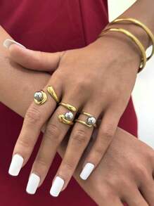 Frminee 1Pc/3pcs夏季简约时尚金银色钢球开口戒指18K镀金女士不锈钢戒指适合日常佩戴度假旅行海边等防水高品质戒指 - 彩色 - 查看 4