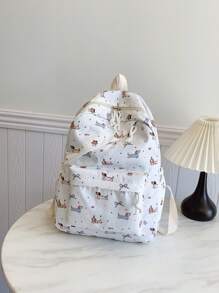 3件套尼龙腊肠犬印花背包，可折叠多口袋大容量拉链背包，适合高中生、大学生日常使用、工作、旅行、情人节礼物、书包、学院风背包带铅笔盒，可爱腊肠犬返校必备背包