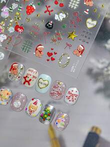 1张5D美甲贴纸，圣诞美甲贴纸，5D浮雕闪亮金色圣诞树美甲贴纸，驯鹿花环雪花美甲贴纸，女士及女孩冬季节日美甲DIY用品 - 彩色 - 查看 2