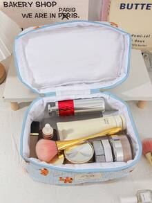 1 Pc/Set Cute Strip Print Cosmetics Storage Bag Foam Quilted Make Up Bag Cartoon Bear Pattern Travel Toiletry Bag Cute Blue Cosmetics Storage Bag Large Capacity Makeup Pouch Multi-Functional Items Organizer Bag Handheld Make Up Bag Zippered Pencil Case Jewelry Organizer Bag, Lip Oil Organizer Bag, Nail Polish Organizer Bag Sanitary Towel Storage Bag For Girl Birthday Gift Back To School Gift Girlfriend Gift - Blue - View 6