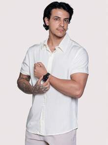 Linen Shirt Short Sleeve Formal Summer Fresh Italian Collar Elegant In Visco-Linen - White - View 3