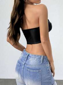 VIVINA Women's Fashionable Minimalist Solid Color Sexy Crop Top Leather Jacket, High-End Sleeveless Backless Outdoor Vacation Layering Top