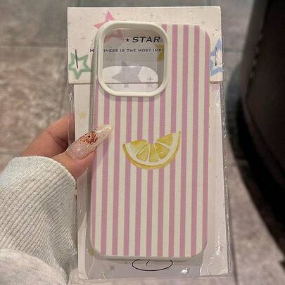 1pc TPU Material Summer Lemon & Purple Stripe Pattern Phone Case, Compatible With Iphone/ Phones