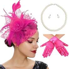 Ibeauti Fascinator Hats With Screentouch Lace Gloves Set Women Tea Party Cocktail Wedding Derby Headwear Short Gloves - 02 Hot Pink - 查看 1