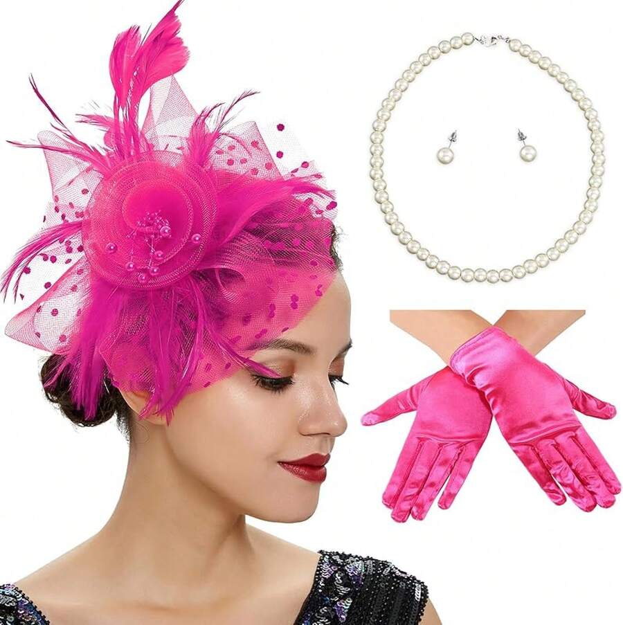 Ibeauti Fascinator Hats With Screentouch Lace Gloves Set Women Tea Party Cocktail Wedding Derby Headwear Short Gloves - 02 Hot Pink - 查看 1