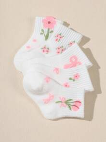 5 Pairs Baby Bow, Polka Dot, Lace Mid-Calf Elastic Socks, White, Autumn/Winter - White - View 4
