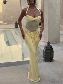 性感细肩带露背收腰高开衩连衣裙，网眼拼布度假派对连衣裙