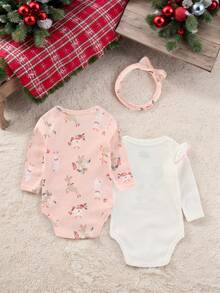 3件套时尚圣诞新生女童长袖连体衣套装秋冬 - 彩色 - 查看 2