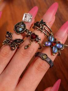 Bộ 6 chiếc nhẫn bướm trái tim phong cách Gothic Punk Rock thời trang tinh tế đa năng sáng tạo độc đáo dành cho nữ, thích hợp sử dụng hàng ngày, đi làm, lễ hội, tiệc tùng, ngày lễ - Nhiều màu - Xem 3