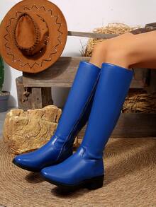 女士平底过膝长靴，V 型弹力高筒靴，方头修身靴，软皮长靴，秋冬新品 - 藍色 - 查看 3