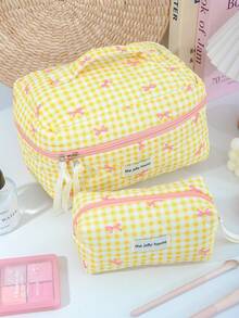 1 Pc/Set Cute Grid Pattern Cosmetics Storage Bag Foam Quilted Make Up Bag Pink Bow Print Travel Toiletry Bag Cute Yellow Cosmetics Storage Bag Large Capacity Makeup Pouch Lovely Grid Print Home Items Organizer Bag Multi-Functional Handheld Make Up Bag Zippered Pencil Case Classic Grid Print Jewelry Organizer Bag,