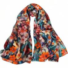 100% Mulberry Silk Scarf For Women Lightweight Long Scarves Beach Wraps Cover Up -Travel Photography Scarfhalloween - 彩色水仙藍色背景 - 查看 1