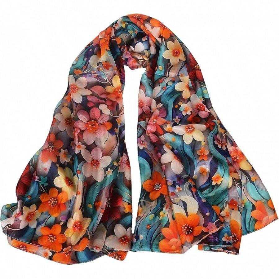 100% Mulberry Silk Scarf For Women Lightweight Long Scarves Beach Wraps Cover Up -Travel Photography Scarfhalloween - 彩色水仙藍色背景 - 查看 1