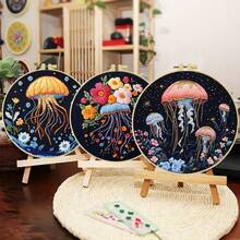 1 件刺绣套装，20x20cm/7.9x7.9 英寸，美丽的水母图案，适合成人和初学者的手工 DIY 刺绣套装，包括绣花布、说明书、绣花绷和针，适合送给朋友或家人的节日礼物、家具、办公室手工艺术品